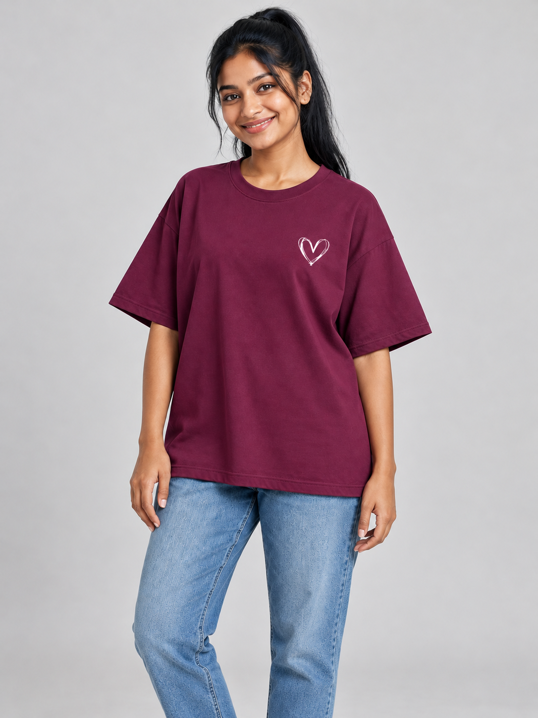 mini heart wine oversized T-shirt — standing model view #colour:wine