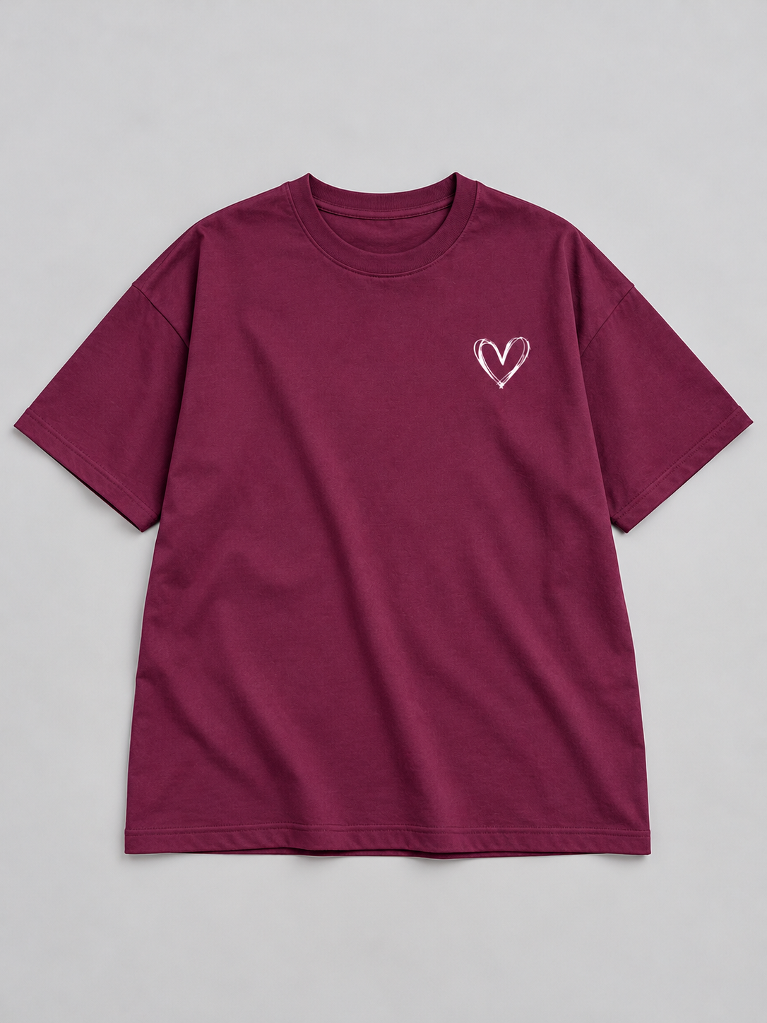 mini heart wine oversized T-shirt — front flat lay #colour:wine