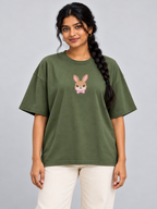 Olive Green Bunny Bow Printed Oversized T-Shirt — straight front view