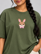Olive Green Bunny Bow Printed Oversized T-Shirt — print detail