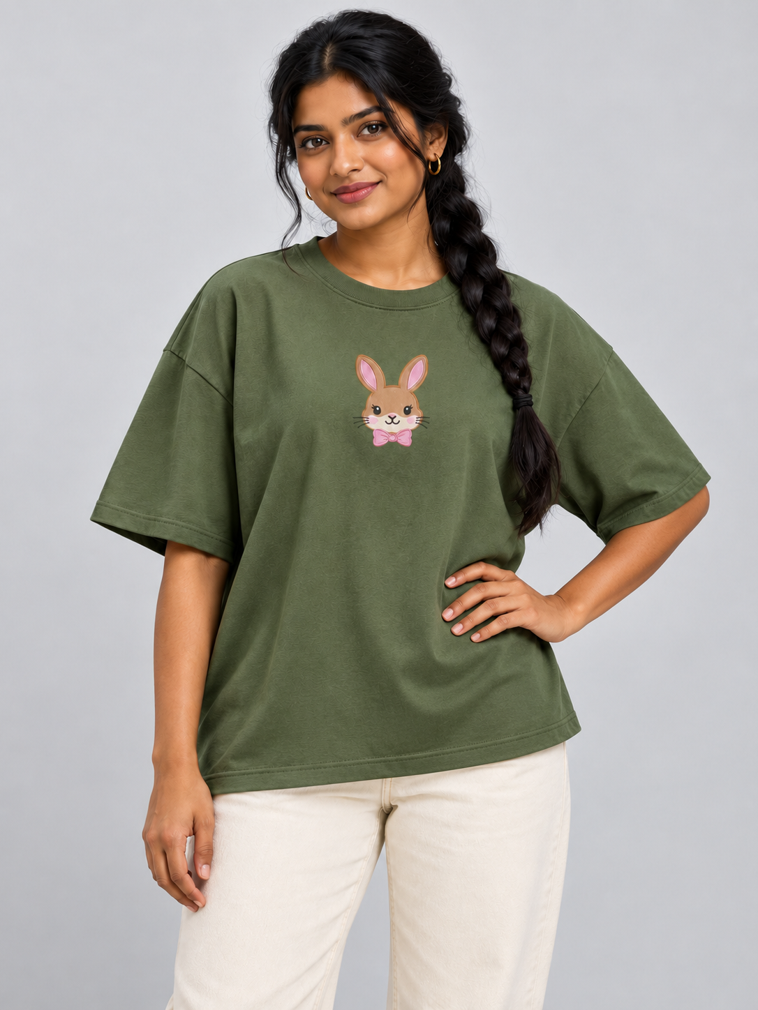 Olive Green Bunny Bow Printed Oversized T-Shirt — relaxed model pose