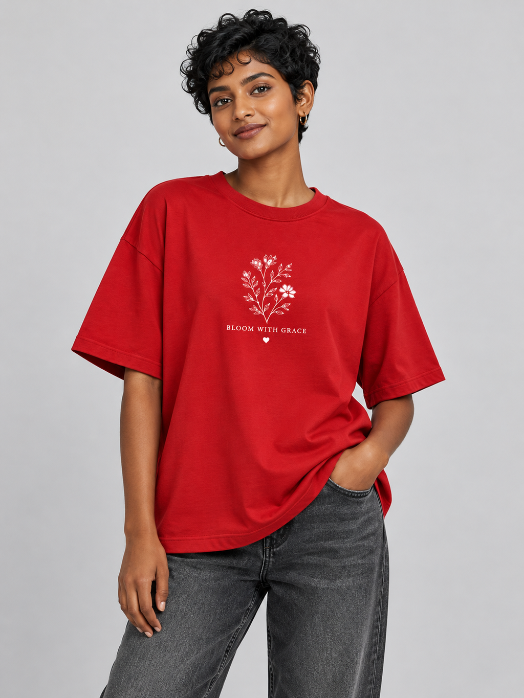 Red Bloom With Grace Printed Oversized T-Shirt — model front view