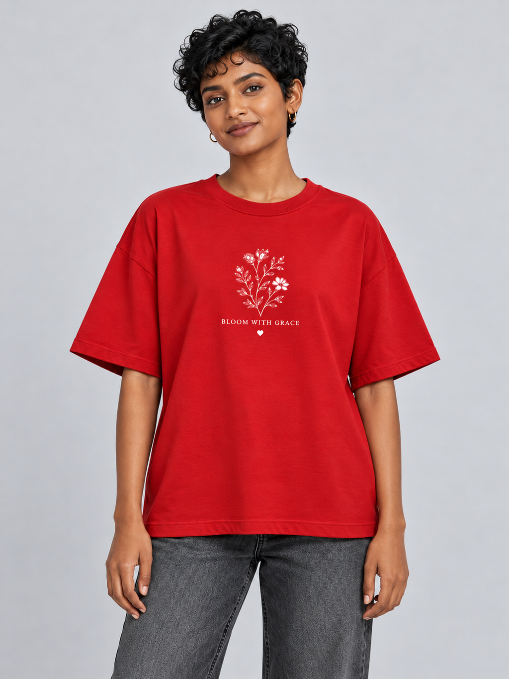 Red Bloom With Grace Printed Oversized T-Shirt — straight front view