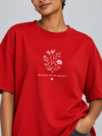 Red Bloom With Grace Printed Oversized T-Shirt — print detail