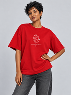 Red Bloom With Grace Printed Oversized T-Shirt — relaxed model pose