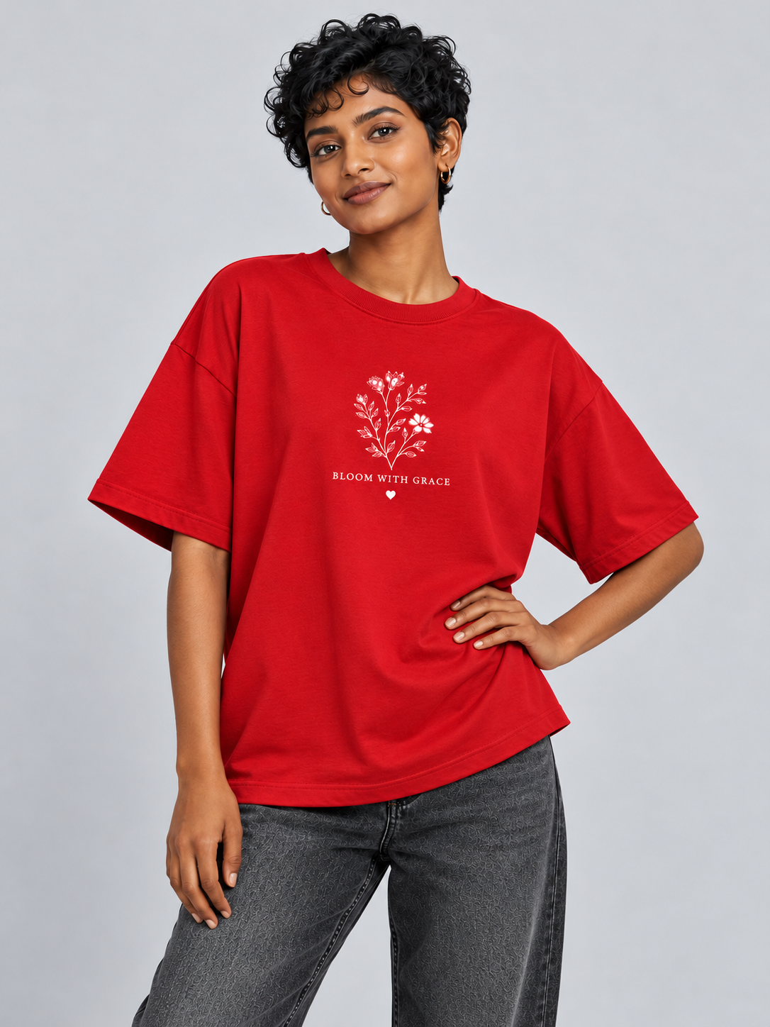Red Bloom With Grace Printed Oversized T-Shirt — relaxed model pose