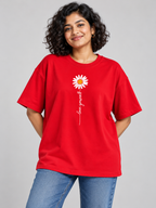 Red Love Yourself Daisy Printed Oversized T-Shirt — front model view
