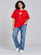 Red Love Yourself Daisy Printed Oversized T-Shirt — full outfit view