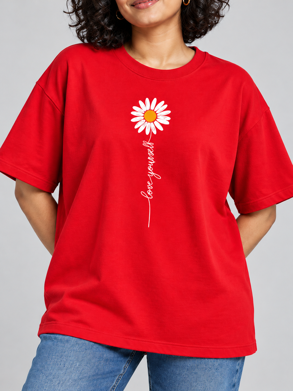 Red Love Yourself Daisy Printed Oversized T-Shirt — print close-up