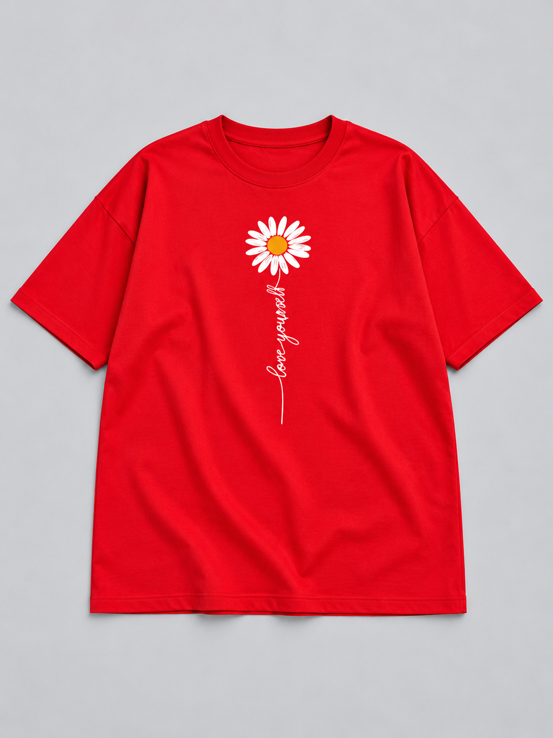 Red Love Yourself Daisy Printed Oversized T-Shirt — front flat lay