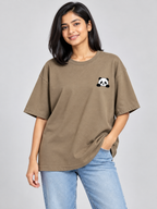 Taupe Panda Mini Print Oversized T-Shirt — angled front model view