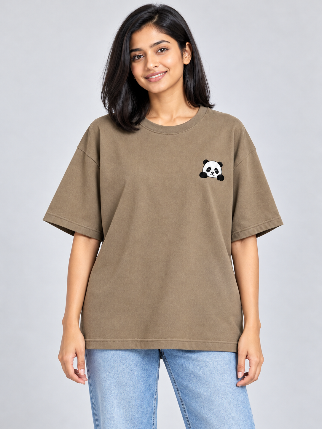 Taupe Panda Mini Print Oversized T-Shirt — straight front model view