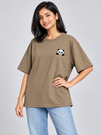 Taupe Panda Mini Print Oversized T-Shirt — three-quarter model view