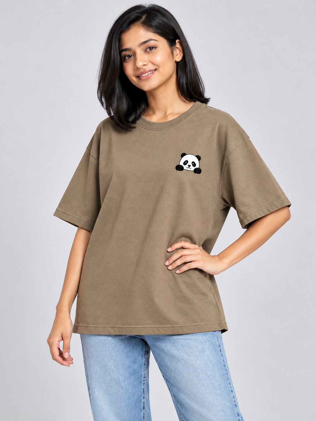 Taupe Panda Mini Print Oversized T-Shirt — three-quarter model view