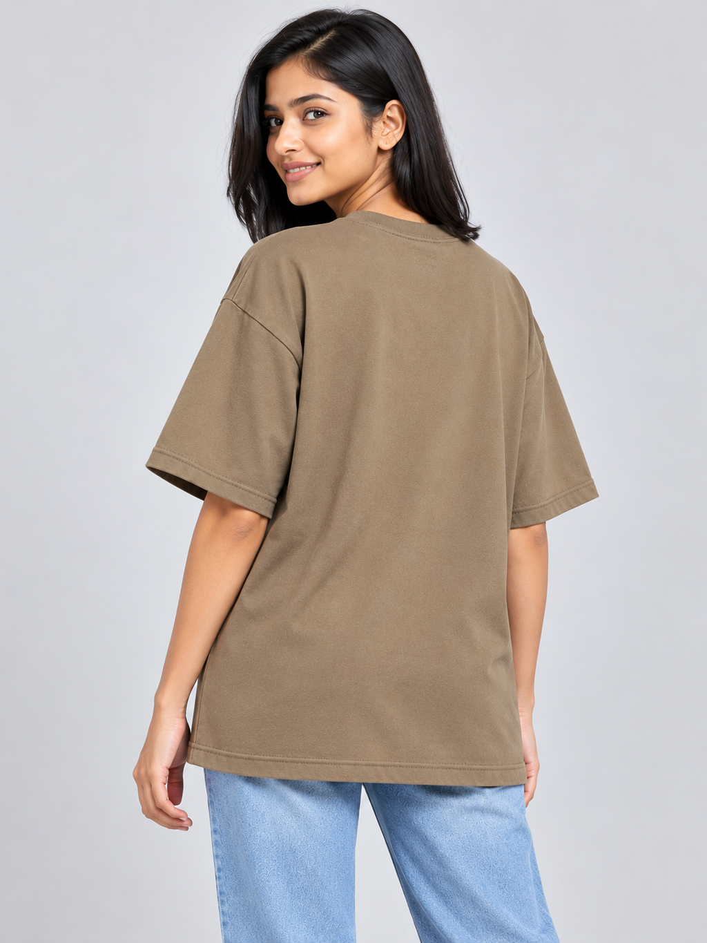 Taupe Panda Mini Print Oversized T-Shirt — plain back model view