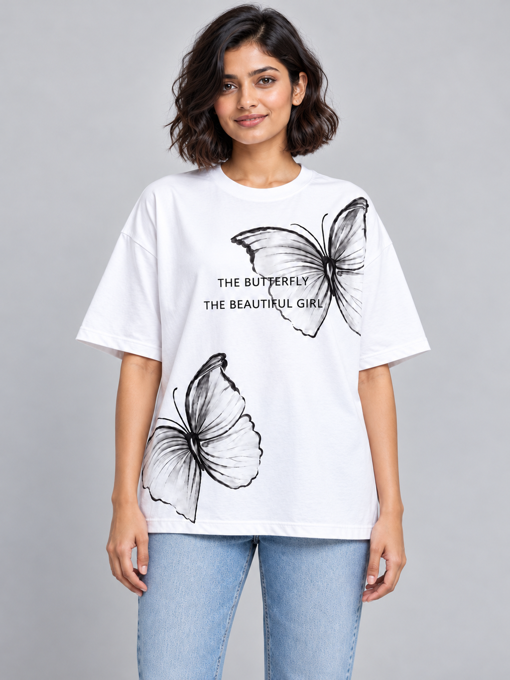 White Butterfly Graphic Oversized T-Shirt — straight front view