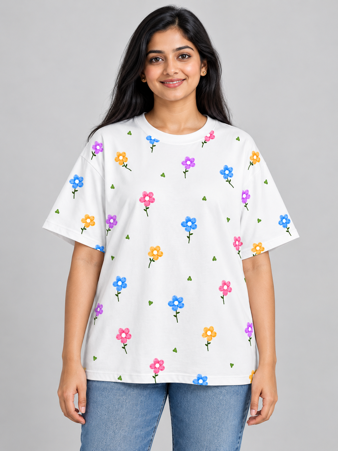 White Multicolour Daisy Printed Oversized T-Shirt — front view