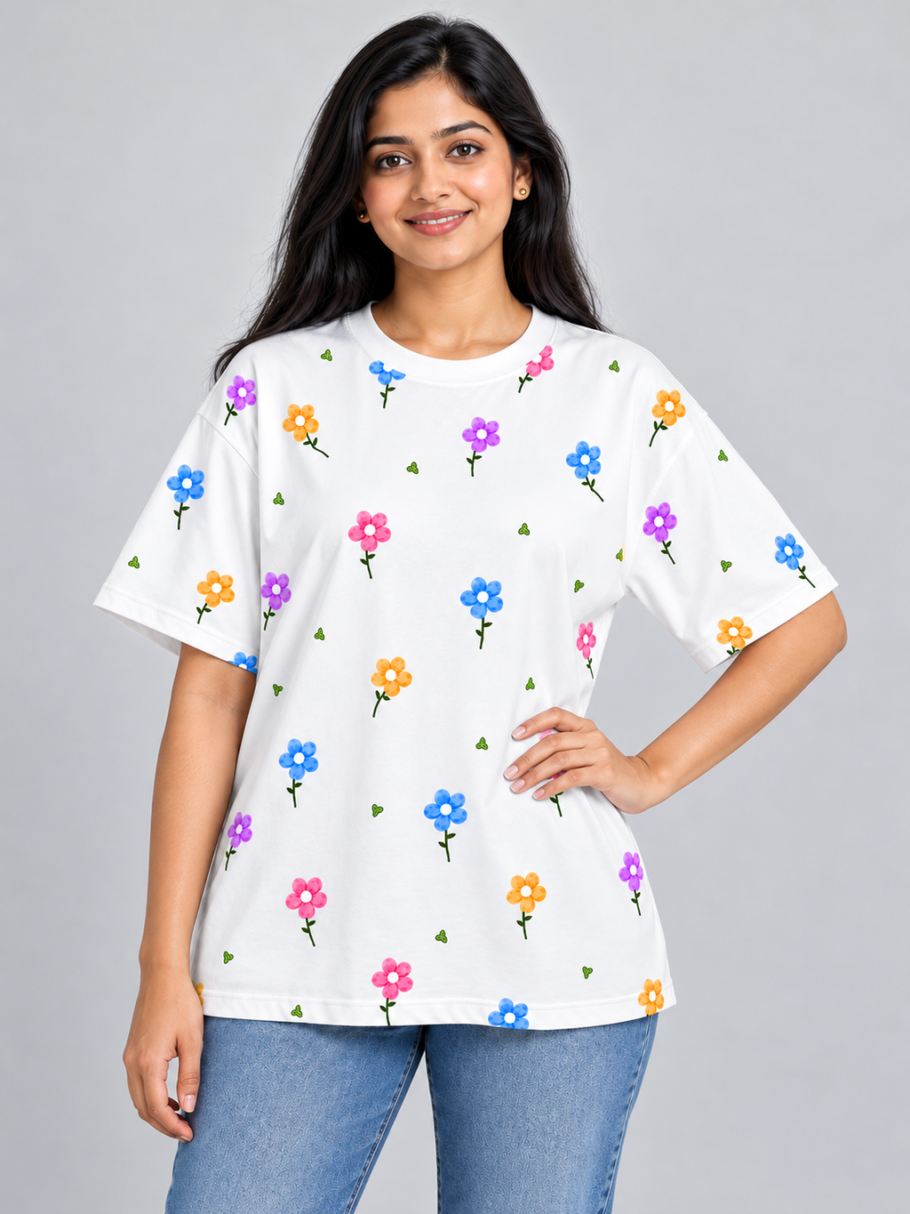 White Multicolour Daisy Printed Oversized T-Shirt — three-quarter pose
