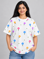 White Multicolour Daisy Printed Oversized T-Shirt — close-up