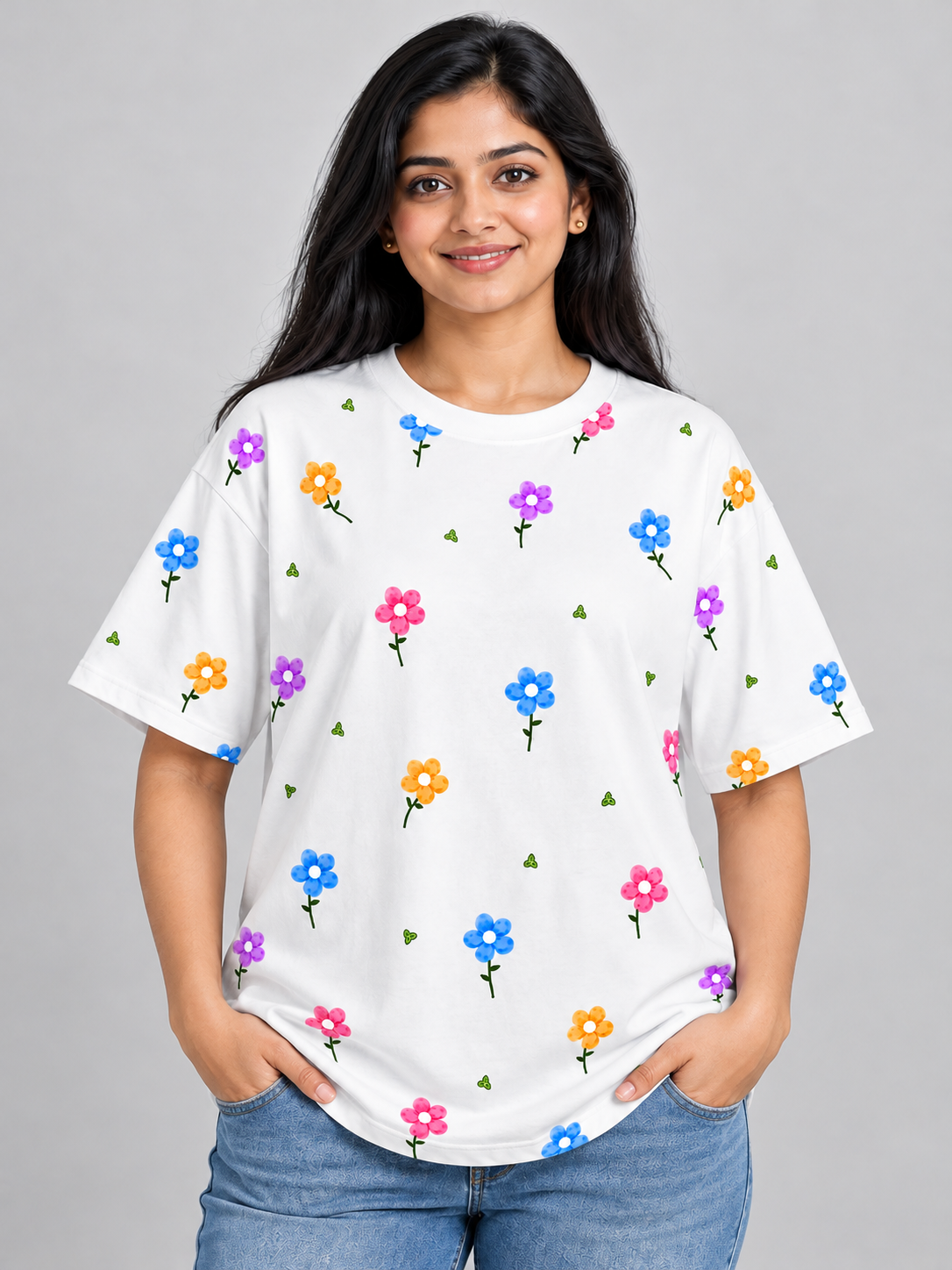 White Multicolour Daisy Printed Oversized T-Shirt — close-up