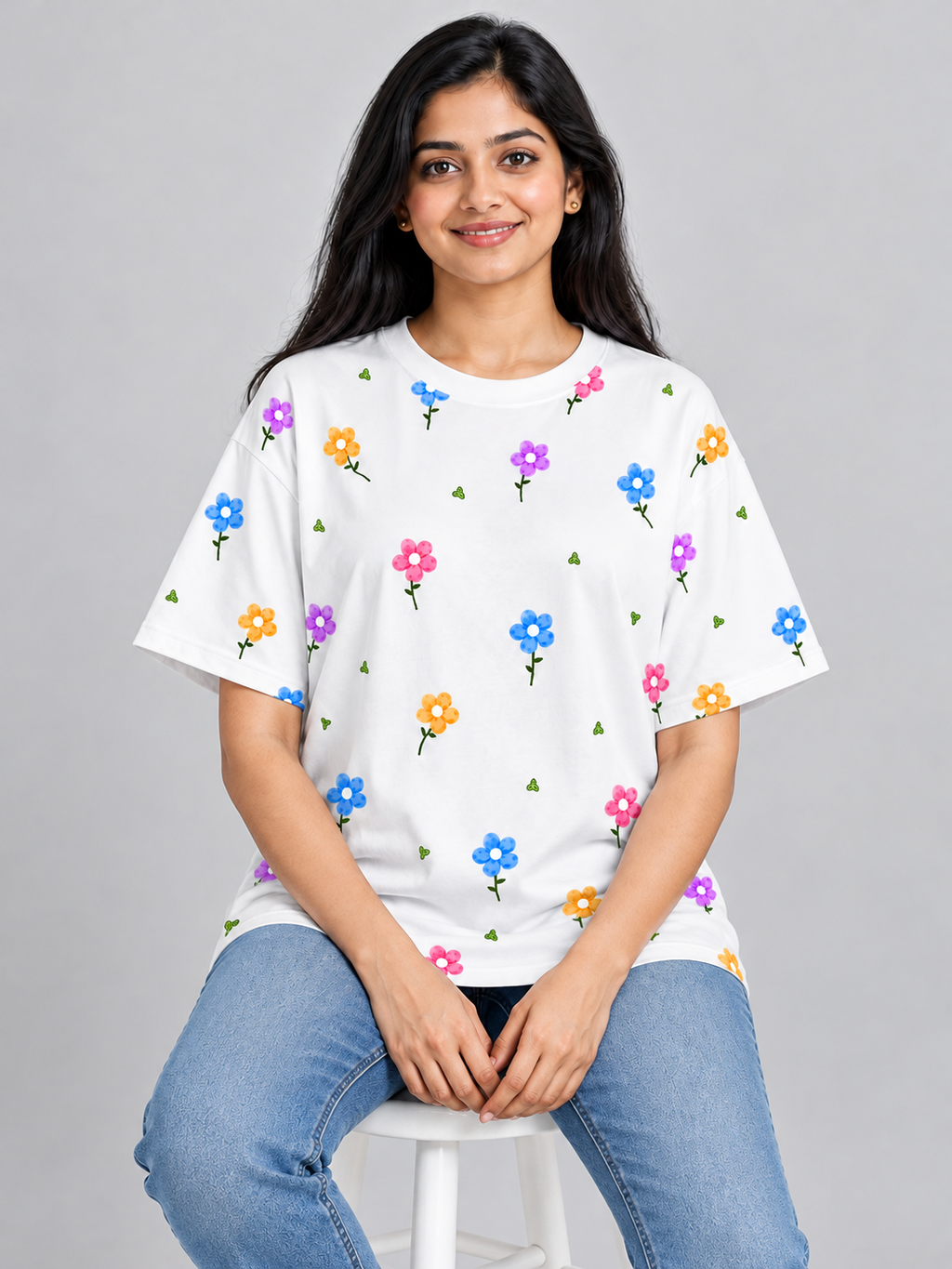 White Multicolour Daisy Printed Oversized T-Shirt – Laa & Dee apparel