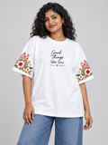White Good Things Take Time Floral Oversized T-Shirt — model front view