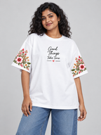 White Good Things Take Time Floral Oversized T-Shirt — model front view
