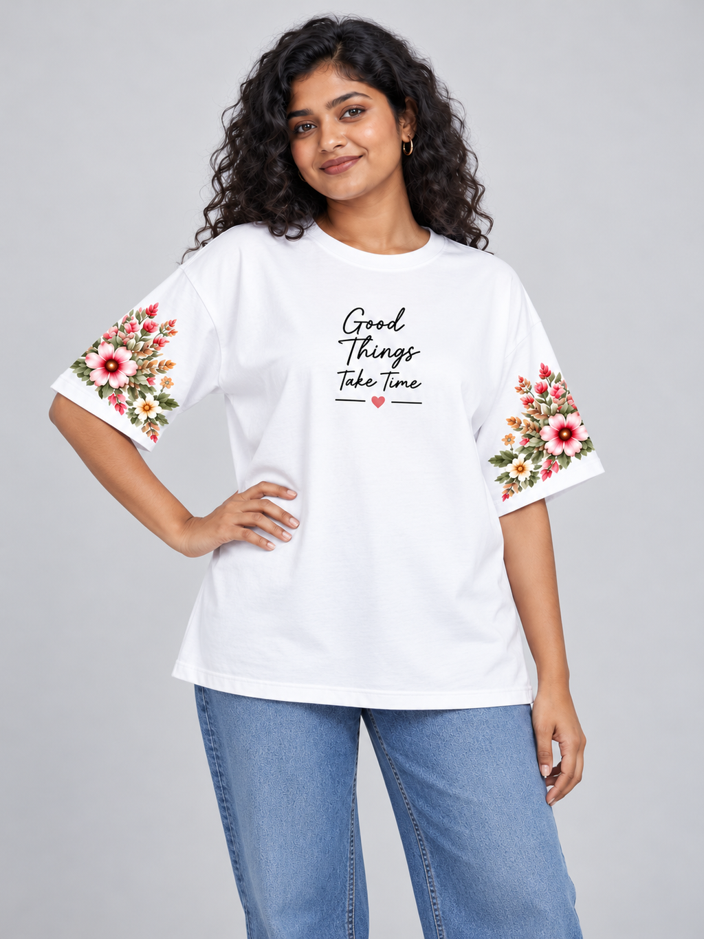 White Good Things Take Time Floral Oversized T-Shirt — relaxed model pose