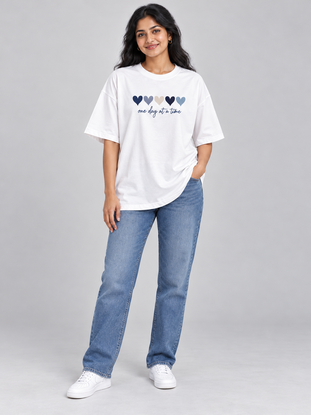 white one day hearts oversized T-shirt — standing model view